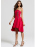Red Satin Beads Strapless Hi-Low Prom Dress 
